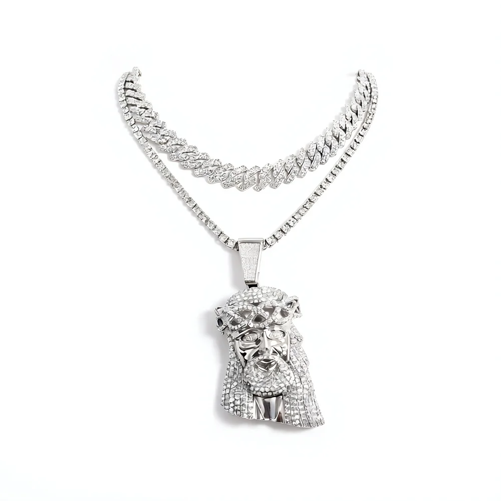 Stylish 3D Jesus Pendant Necklace - Hip Hop Inspired with Layered Cuban & Tennis Chains, Rhinestone Accents,Fashion Jewelry