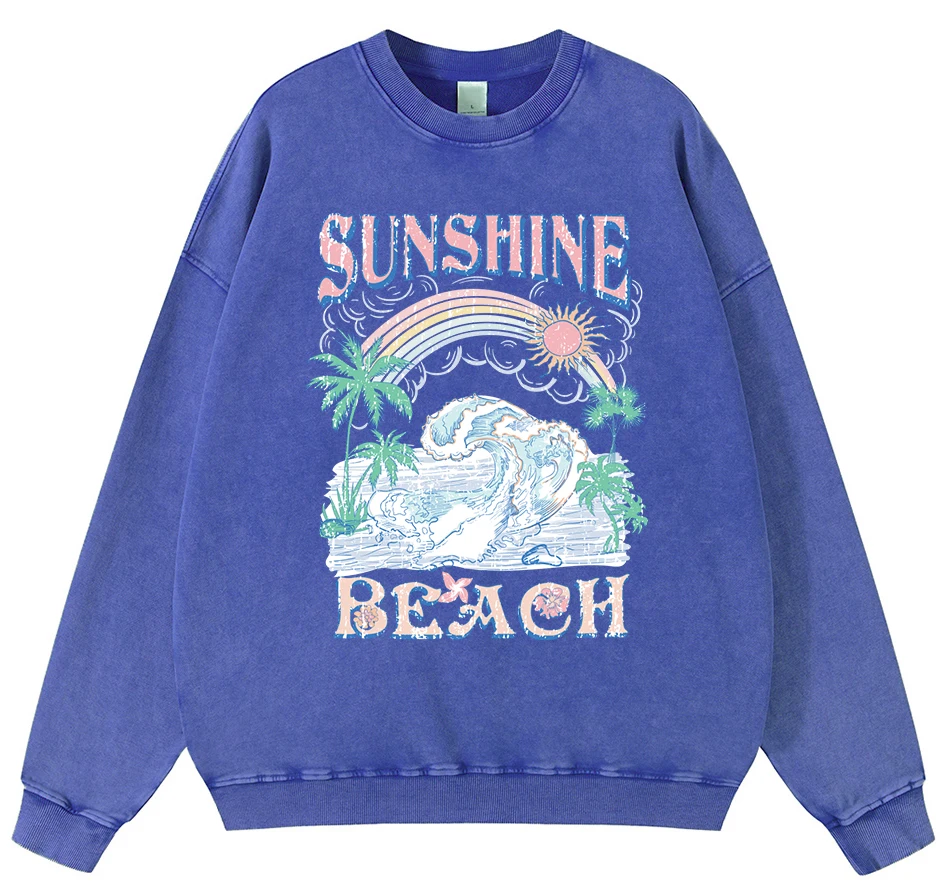 Sunshine Beach Sea Wave Man Vintage Washed Cotton Sweatshirt Vintage Crewneck Pullover Autumn Oversize Hoodie