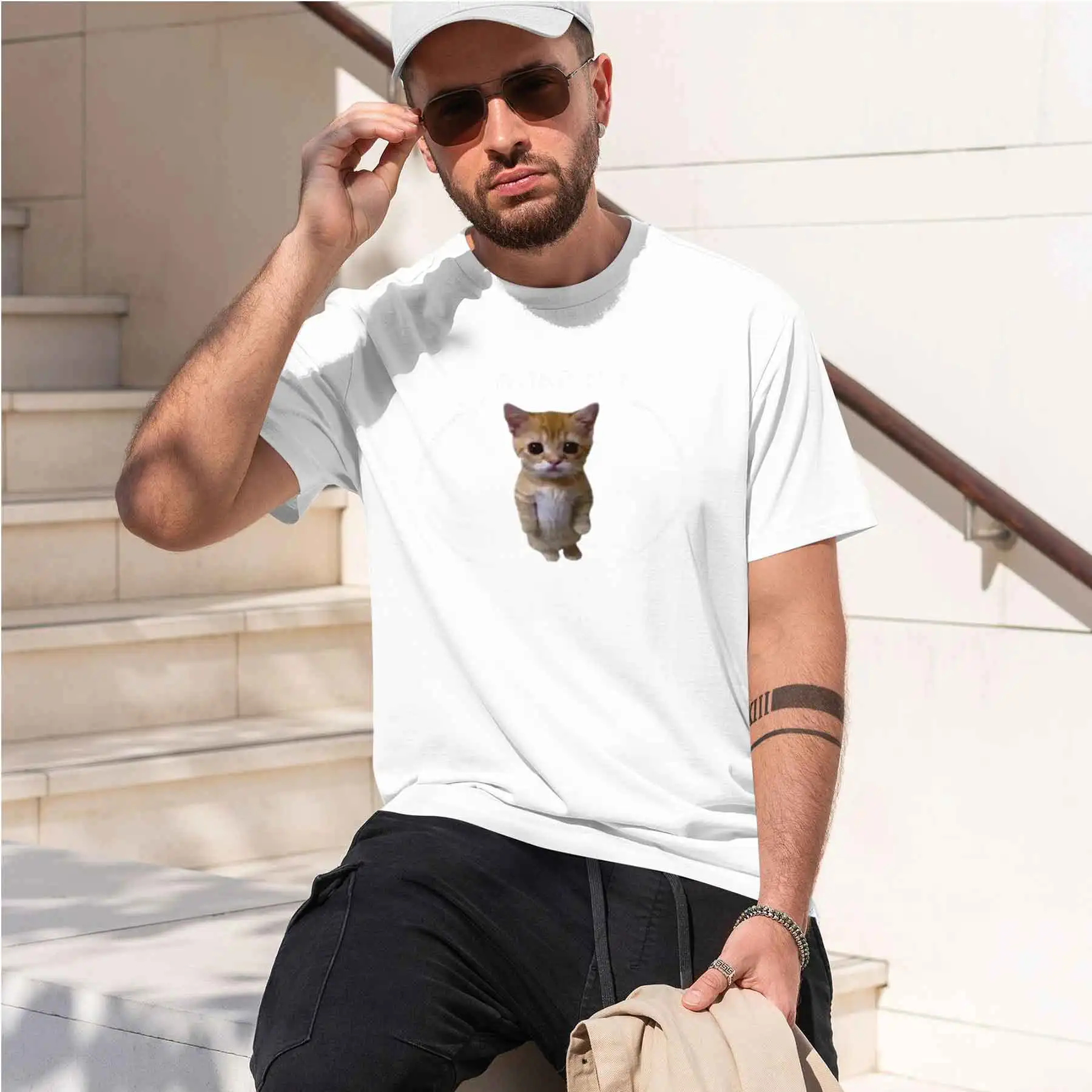 new printed T-shirt Men's Funny Meme Cat Print T-Shirt Wake Up Commit Tax Fraud Casual Short Sleeve Top
