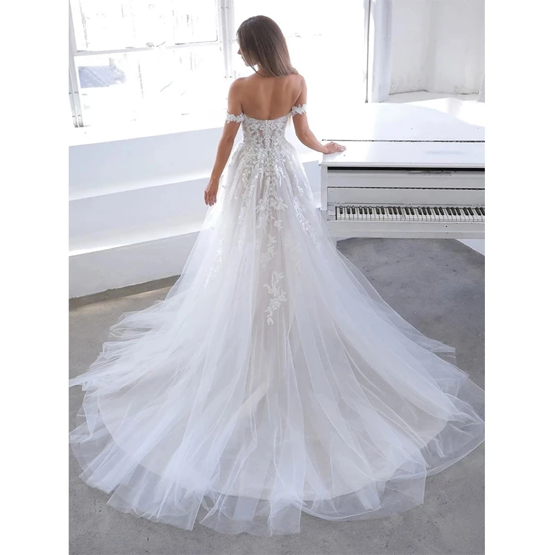 Sibomian Wedding Dresses A-Line Women Sexy Deep V-Neck Tulle Off Shoulder Applique Floor mopping Train Beach Bridal Gowns Party