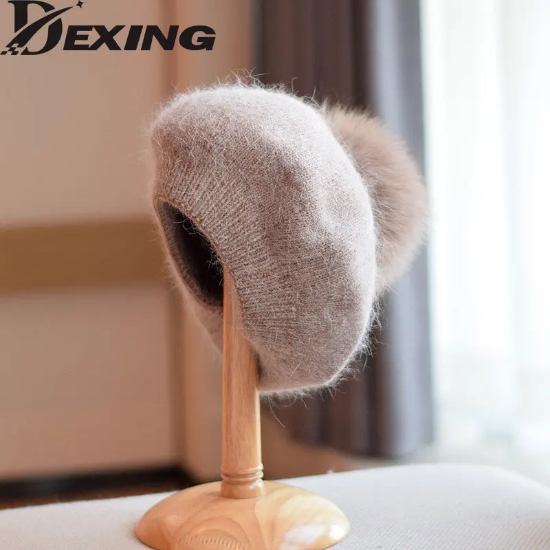 2022 Japanese Angora Rabbit Beret for Women Winter Warm Soft Knit  Berets Mink Fox Pom Pom Hat  Wool Cap Wholesale