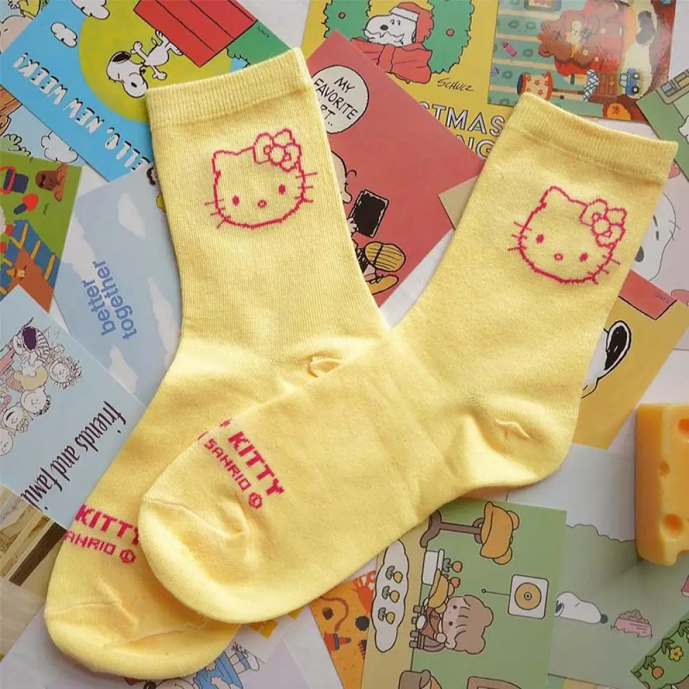 

2 Pairs Miniso Hellokitty Kawaii Anime Mid-Calf Socks Cute Cartoon Cotton Summer Girls Socks Comfortable Children Socks