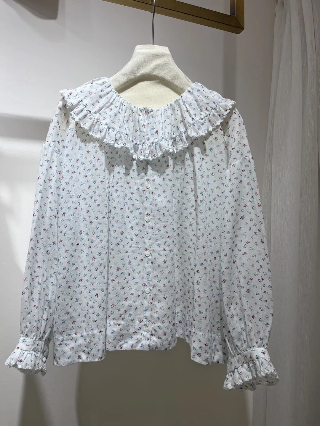 

Autumn Women Floral Print Shirt Ruffles Spliced Turn-down Collar Long Sleeve Single Breasted Loose 100% Ramie Blouse Top