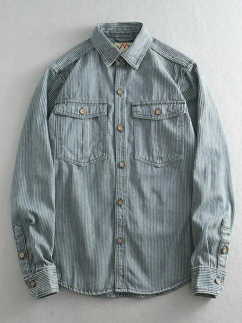 

High Quali Sand Waed Striped Long Sve Men's irt Casual American Retro Denim irt Autumn Cotton Youth Faion