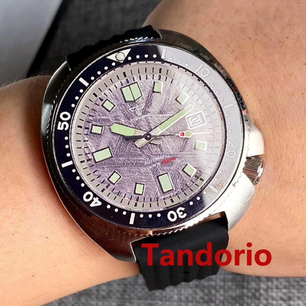 Tandorio 44mm Sapphire Glass 20ATM NH35A Diver Meteorite Pattern Automatic Men Watch Date Luminous Black Ceramic Bezel Date