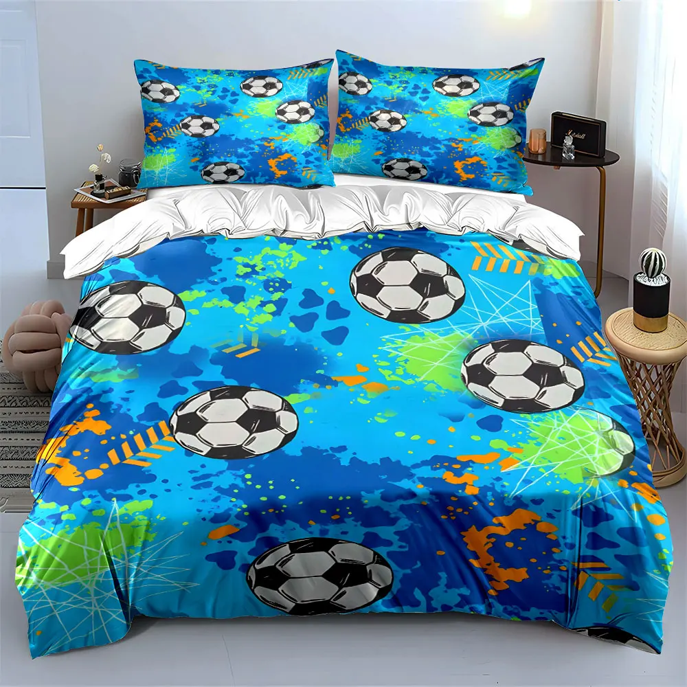 Football Pattern on Blue Graffiti Background Printed Duvet Cover Set 1Duvet Cover+2 Pillowcase Multi Size Bedroom Bedding Decor