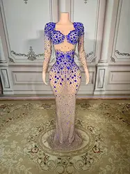Fashion Design Crystals Transparent Dress Evening Celebrate See Through Mesh Birthday Celebrate Performance Costume