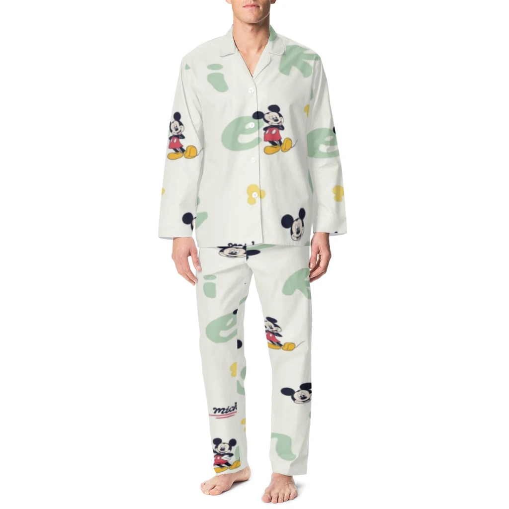 Conjunto de pijamas de algodón de Mickey Mouse de Disney para hombres y mujeres, pijamas casuales con estampado de muñecos de fresa de manga largaDisney Mickey Mouse