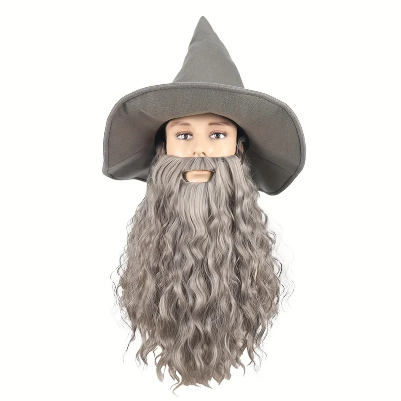 Gandalf Inspired Wizard Costume Set: Gray Long Curly Beard + Pointed Hat For Halloween Cosplay Synthetic Wig