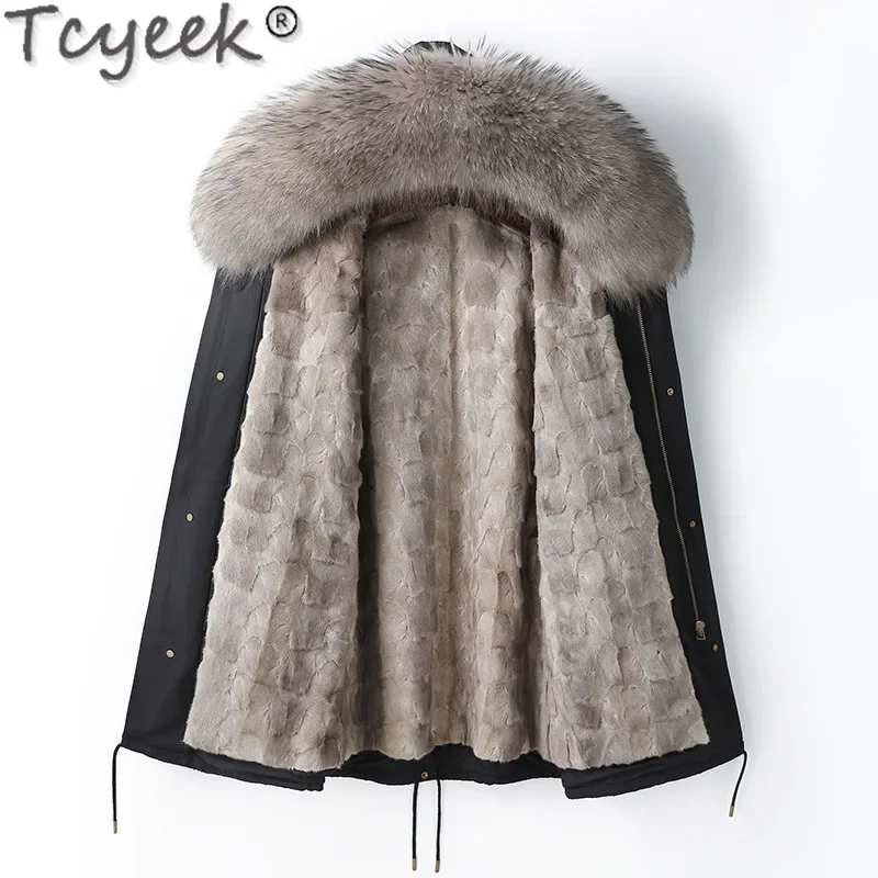 Tcyeek Men's Parka Fashion 2023 Detachable Mink Fur Liner Parka Warm Fox Fur Collar Winter Jackets for Men Clothing Fur Coat