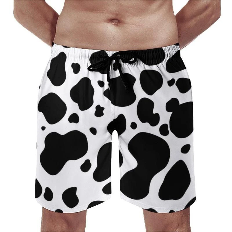 Men's Fun Cow Print Beach Shorts with Contrasting Color Design, Cosplay Loose Animal Shorts, Hip-hop Humor Summer Swimsuit
