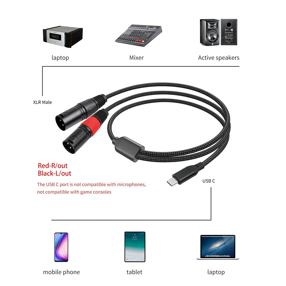 Type C To Dual XLR Male Aux Audio Cable Built in DAC Chipset Type C To XLR Male Output Stereo Cord for Speakers Amplifier Mixer