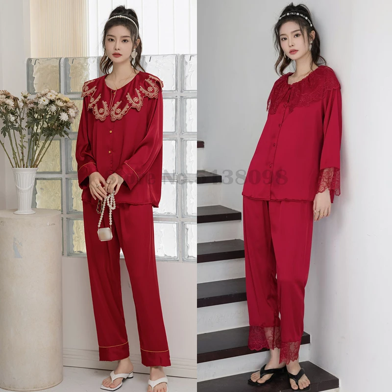 Sexy Lace Edge Lapel Pajamas Suit Solid Color Ice Silk Sleepwear Long Sleeve Trousers Two-Piece Loungewear Casual Home Clothes