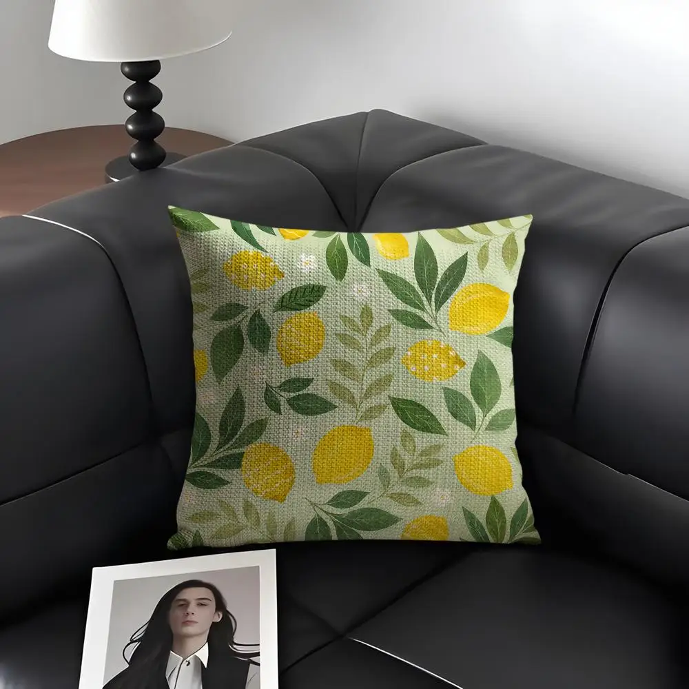 Fresh Summer Lemon Style Cushion Cover Natural Linen Organic Fabric Double-Sided Printing Breathable Perfect Gift For Decor