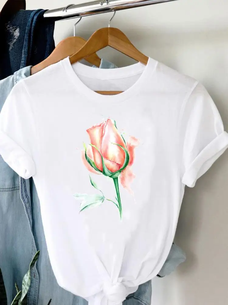 T-shirt à manches courtes imprimé fleur pour femme, joli haut graphique, chemise de dessin animé, vêtements de mode, tendance mignonne des années 90