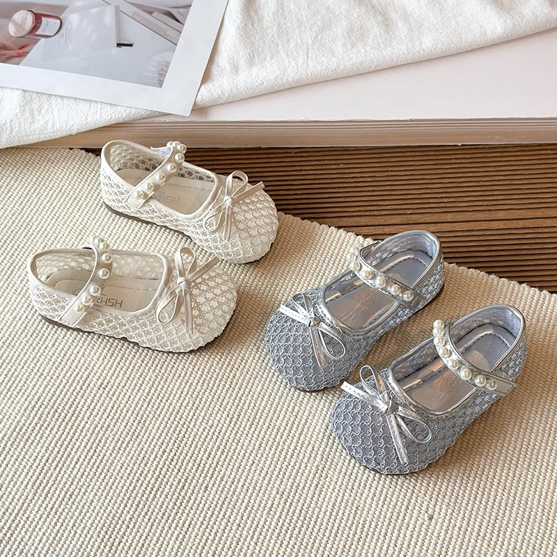 New Toddler Girls Mary Janes Pearl Bow Kids Princess Ballet Dress Shoes Breathable Mesh School Children Flat Shoes Wedding Party