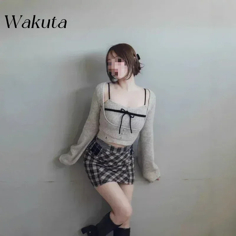 WAKUTA Japanese Pure Desire Bow Tie Camisole Knit Jumpers Sexy Fall Versatile Streetwear Long-sleeved Sweaters 여성 반팔 니트 Свитер