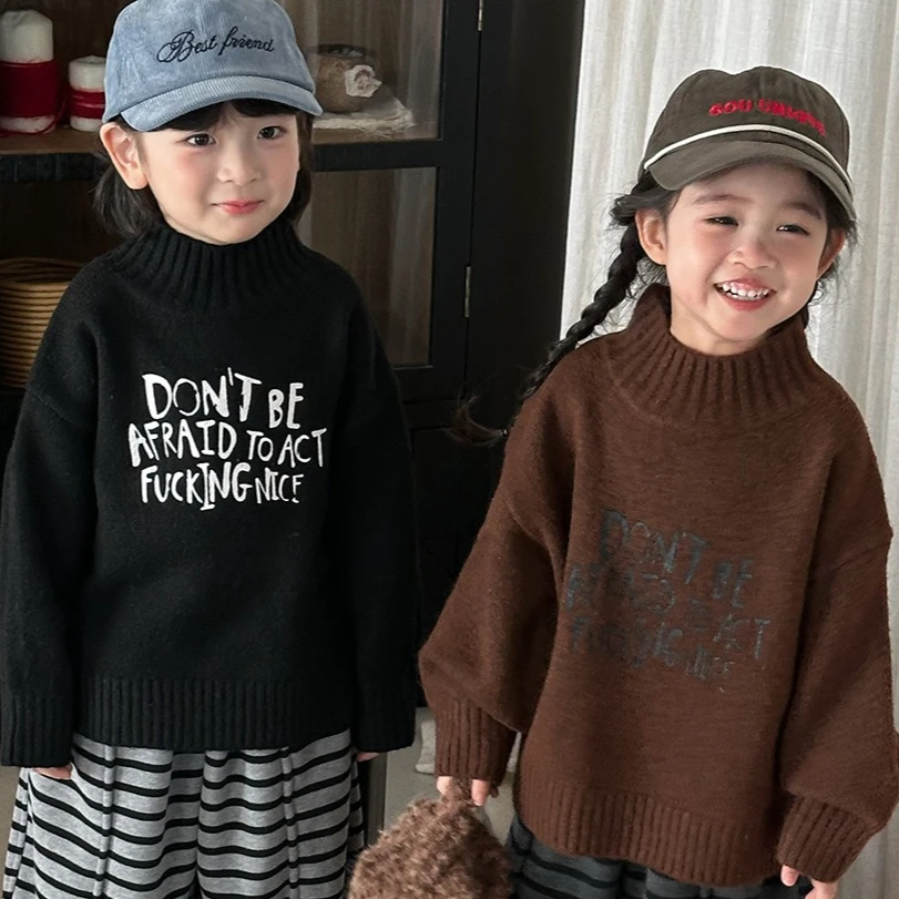 

Sweater 2025 Autumn Winter New Childrens Clothing Korean Style Boys and Girls Warm Thickened Half Turtled Sweater Simple