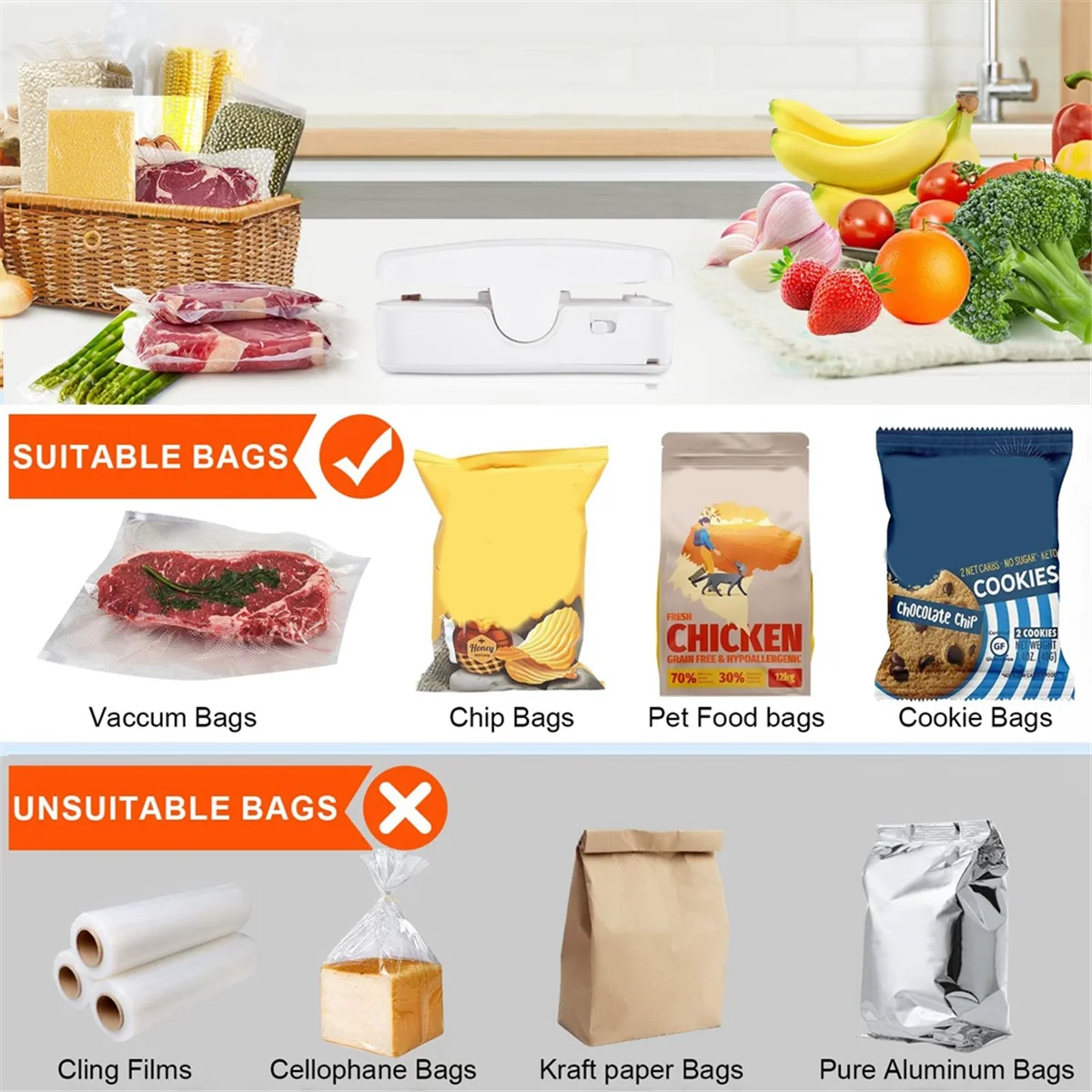 Mini sellador de bolsas recargable, sellador térmico 2 en 1 con cortador para bolsas de patatas fritas, almacenamiento de alimentos portátil, aperitivos, frescura