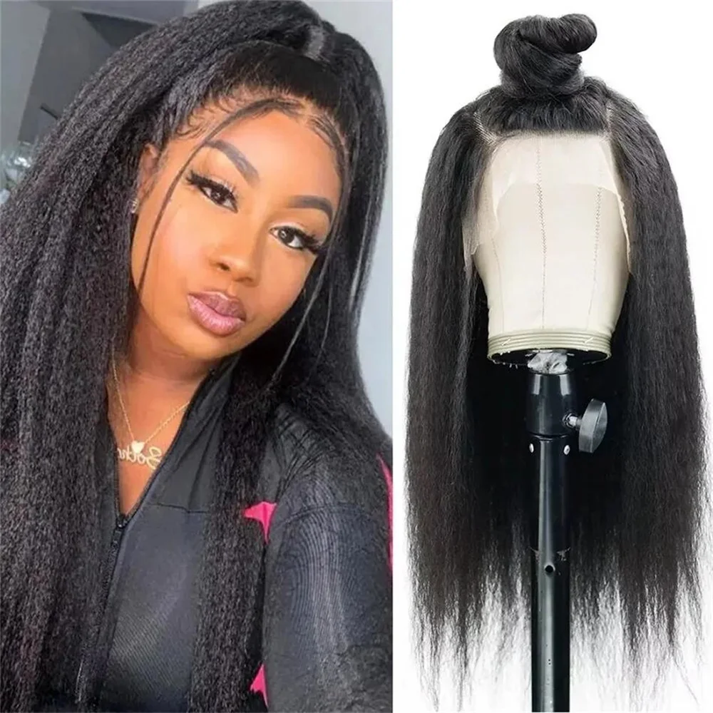 Black Yaki Kinky Straight Wig para mulheres, Natural Soft Lace Front, cabelo do bebê, pré-arrancado, resistente ao calor, 180 Densidade, 26"