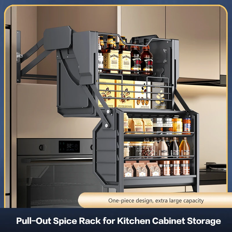 Pull Down Cabinet Organizer Kitchen High Cabinet Storage Rack With Damping Buffer And Deep Basket For Spice And Condiment 305