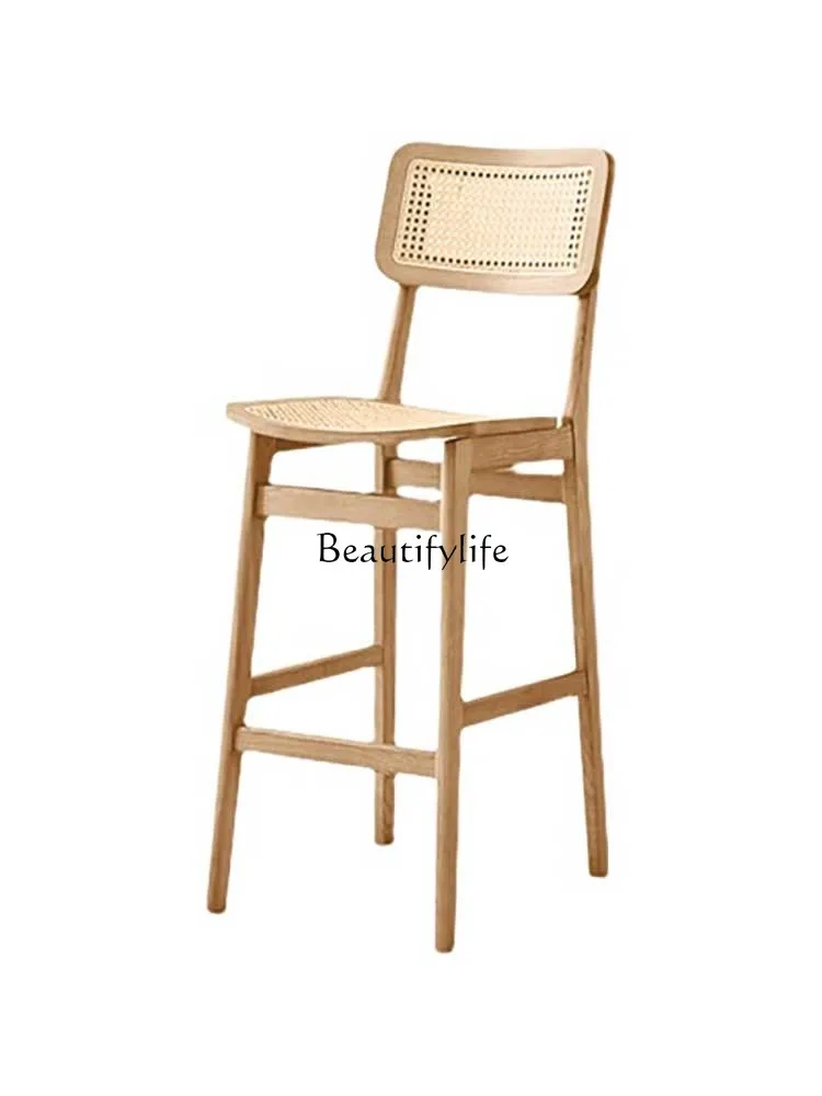 

Solid Wood Household Log Rattan Backrest Coffee Shop Bar-Stool