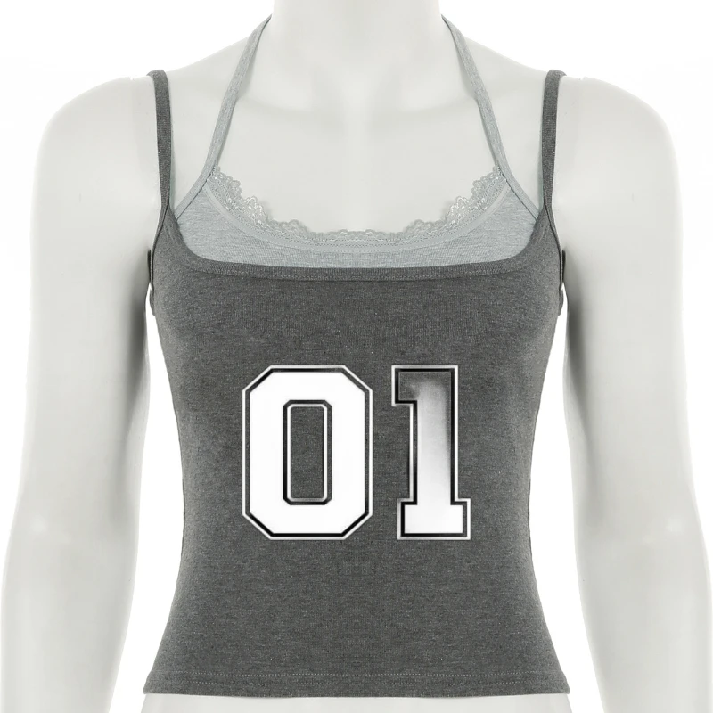 

Fake two-piece vest Y2K casual street number 01 occlusion print comparison vest Korean soft sleeveless top short skirt