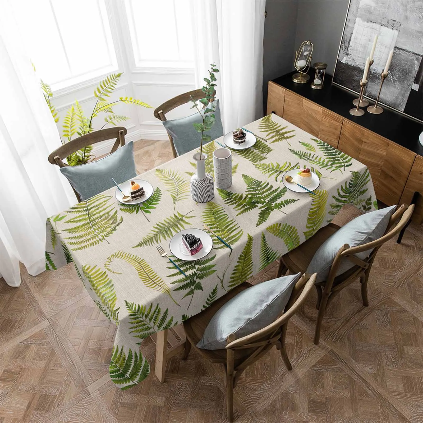 

Summer Plant Fern Hand Drawn Anti-scalding Thickened Waterproof Tablecloth Rectangular Round Table Cover Kitchen Furnishings