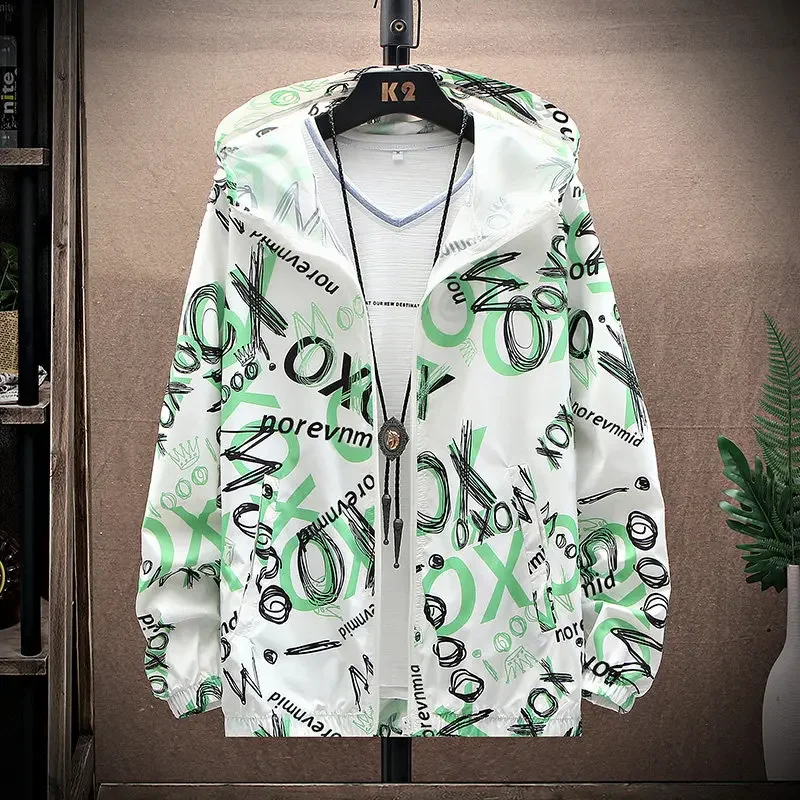 Men's New Summer Hooded Jacket Fashion Street Alphabet Art Long Sleeve Sunblock Casual Coat