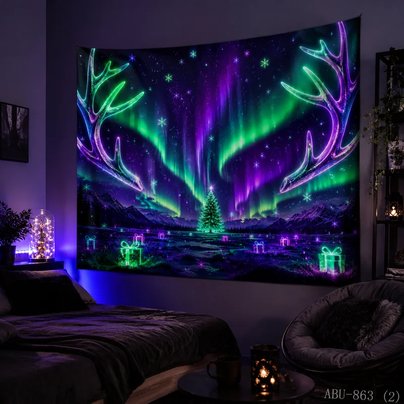 VIKAMA Neon Aurora Reindeer Flying City Night Moon River Starry Skyline Glow Christmas Tapestry Wall Hanging Bedroom Living Room