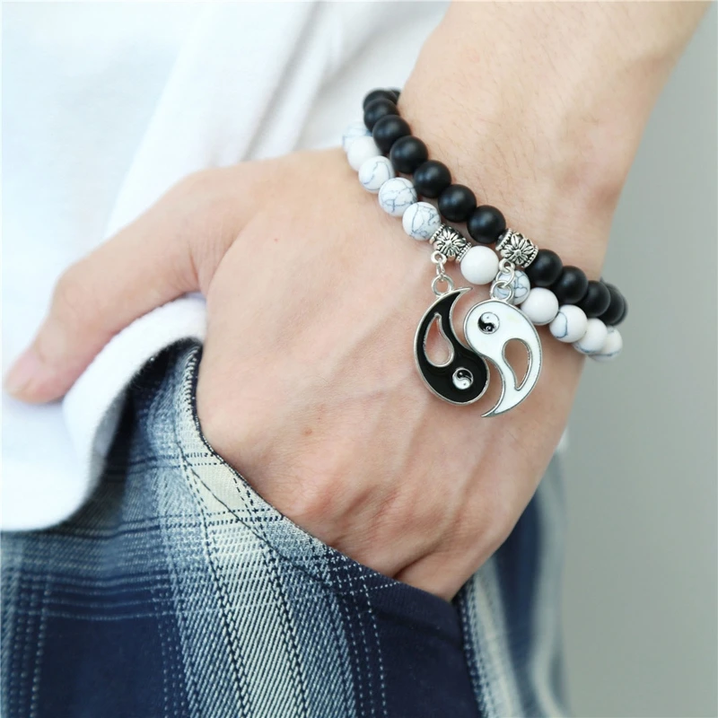 Fashion Men Women Taiji Yin Yang Feng Shui Charm Bracelet Natural White Turquoise and Black Beaded Couple Bracelets Dropship