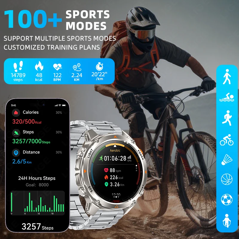 LIGE Military GPS Tracker Smart Watches 1.46" HD Screem Built-in 6 Frequency Satellite Outdoor Waterproof Sports Smart Bracelet