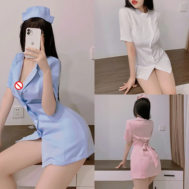 

Japapese Anime Nurse Uniform Dress Pajamas Costumes Cosplay Womens Lolita Sexy Costumes Short Sleeve Dress&Hat Set Halloween
