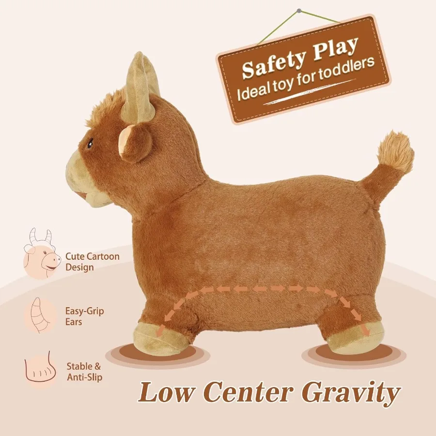 INPANY Skaczące Zabawki - Pluszowa Krowa dla Maluchów, Brązowa, Nadmuchiwana Zabawka Skacząca w Kształcie Zwierzęcia Gospodarskiego, Koń do Skakania na Zewnątrz i do Wewnątrz, Zabawka do Przebijania się przez Przeszkody