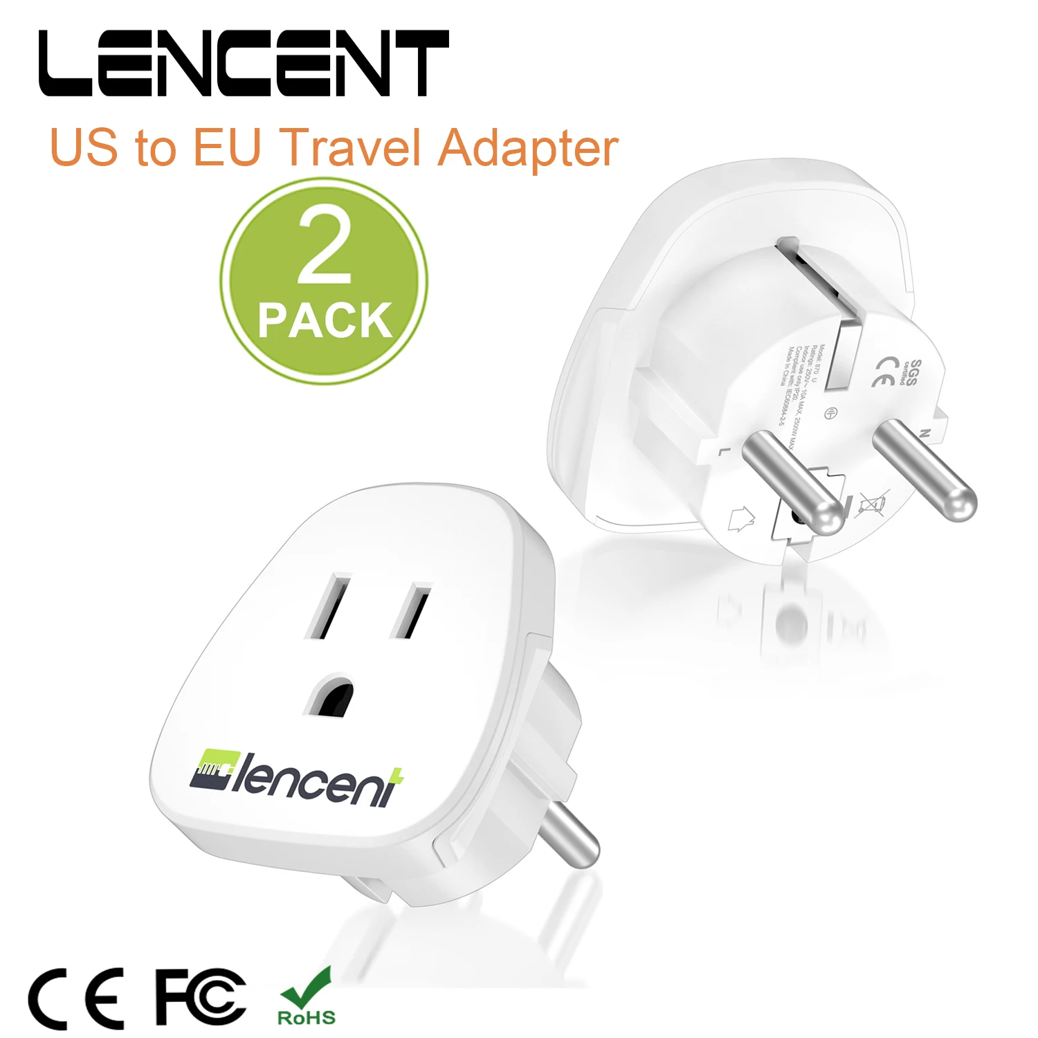 LENCENT 2 PCS US to EU Travel Adapter Schuko European Travel Plug Outlet Adaptor Charger for US to Europe EU German French