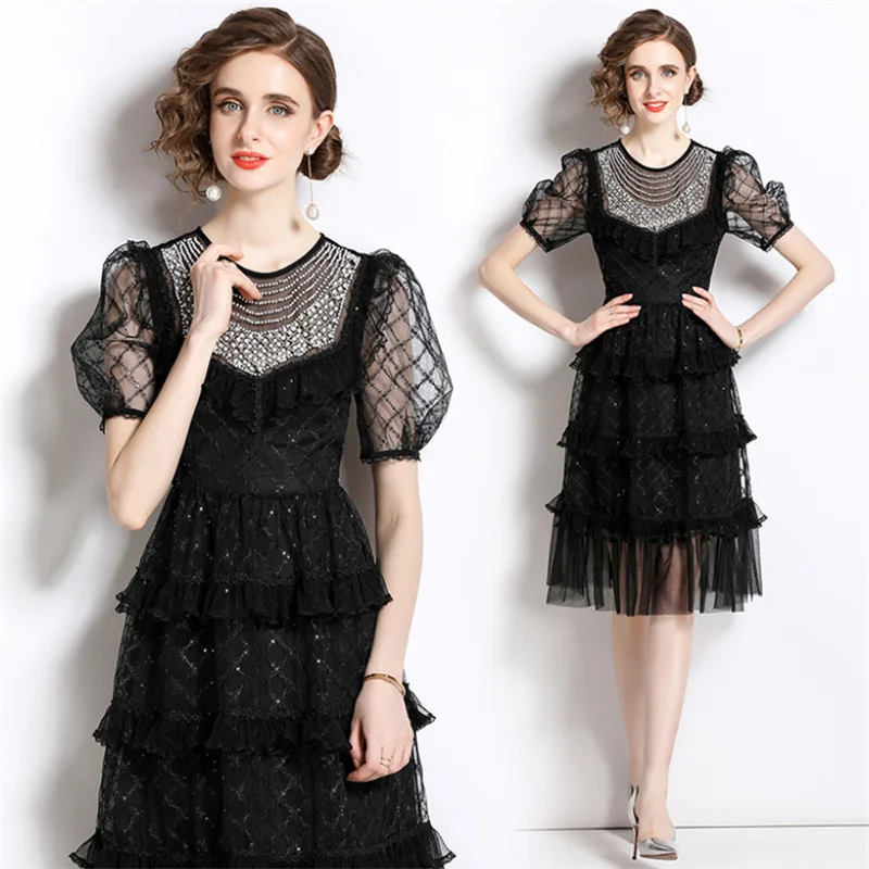 

2023 Spring Summer New Fashion Women's Nail Bead Mesh A-Line High Quality Dress