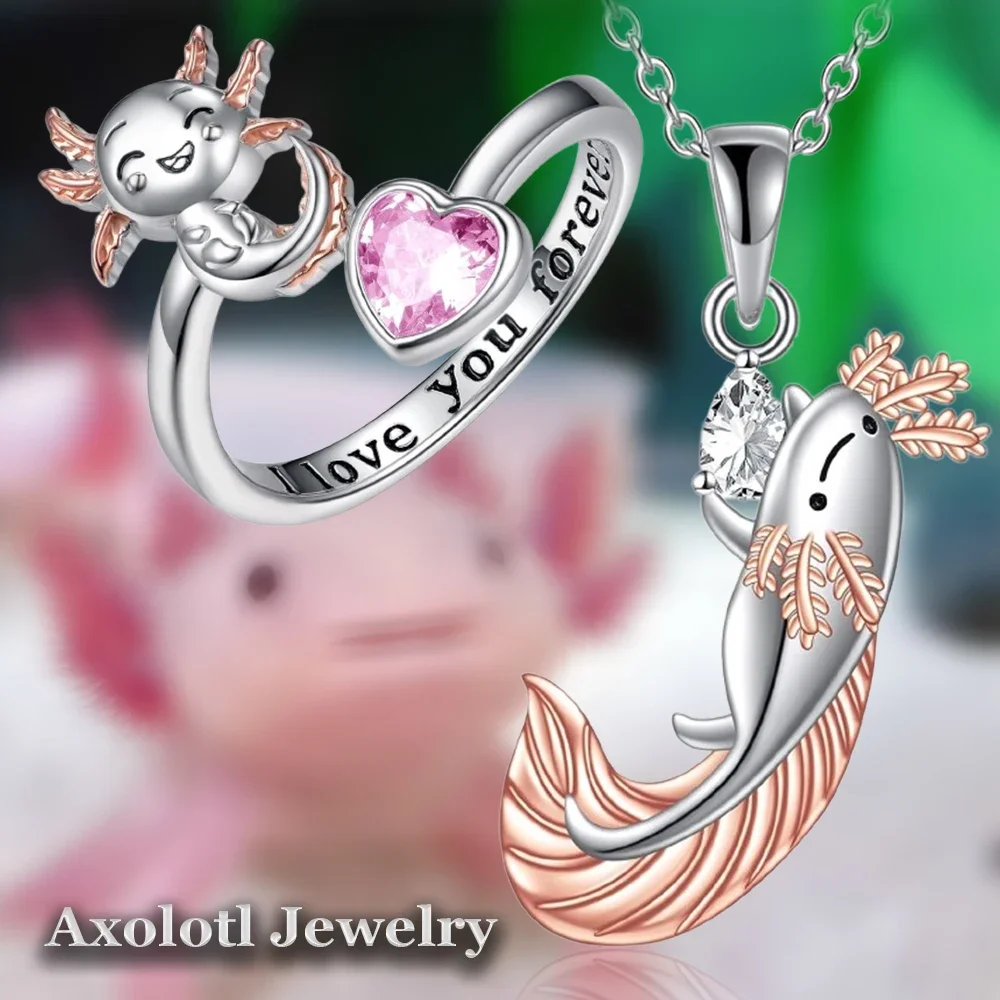 2Pcs/Set Cute Cartoon Style Salamander Pendant Necklace and Exquisite Ring, Ladies' Children's Jewelry Accessories Holiday Gifts