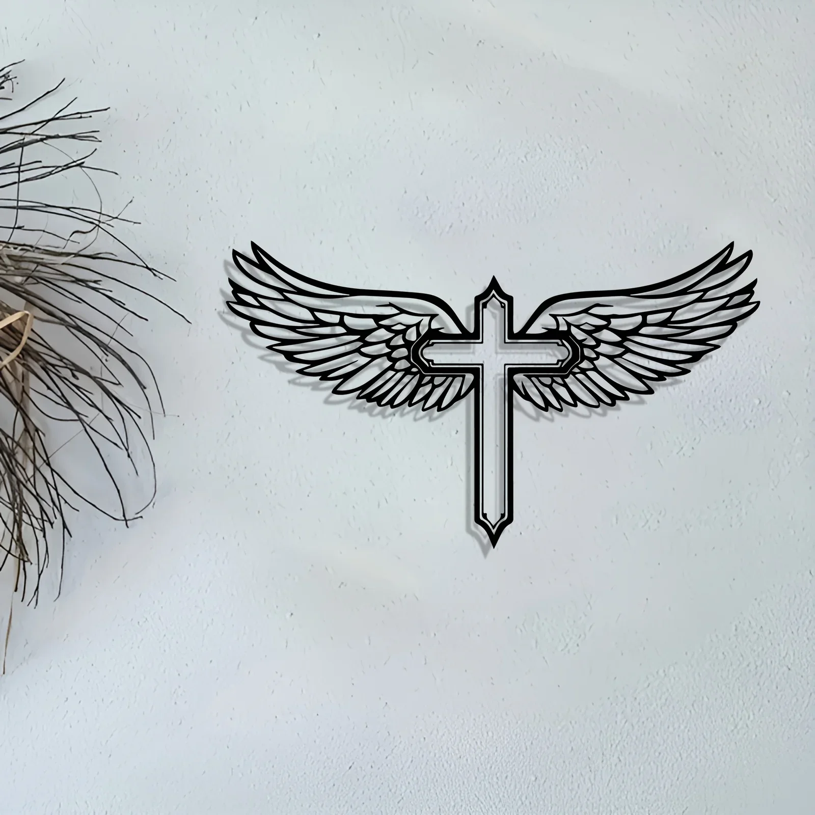 Vintage Angel Wings Cross Metal Wall Art Black Iron Sculpture Home Decor for Living Room Bedroom Church