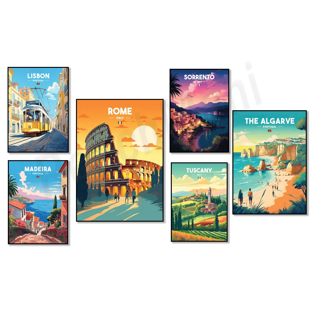 Sorrento, Rome, Tuscany, Venice, Algarve, Madeira, Lisbon Travel Scenery Poster Print, Wall Art