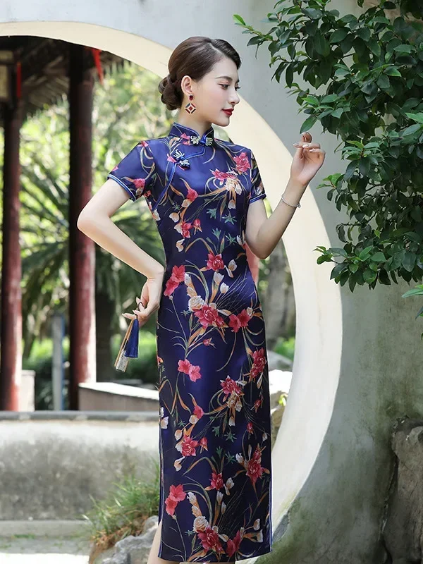 

Ladies Spring Cheongsam Long Sexy Slim Printed Short-sleeved Retro Chinese Stand-up Collar Wedding Evening Dress Qipao