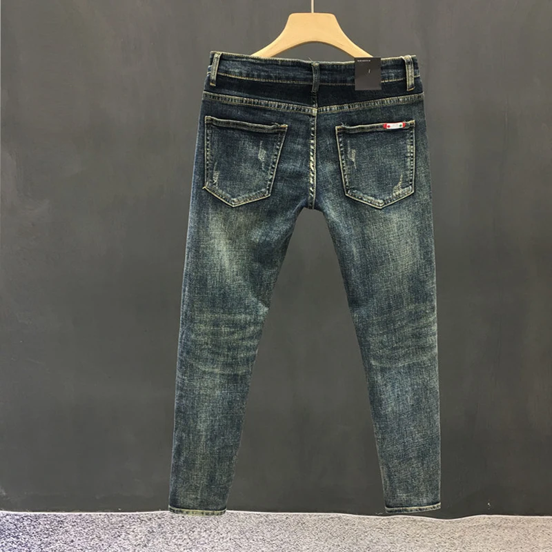 2024 New Man Pants Fashion Soild Classical Small Foot Men\'s Jeans Streetwear Biker Skinny Zips Blue Cacual Long Denim Trousers