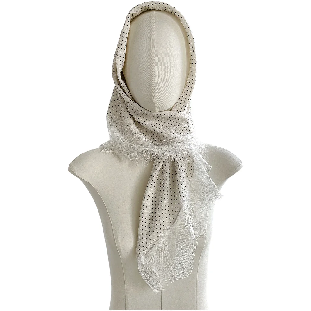 Women\'s Dot Satin Scarf 90x90 cm Soft Polyester Fabric with Lace Trim for Head Wrap Neck Tie or Light Shawl Function