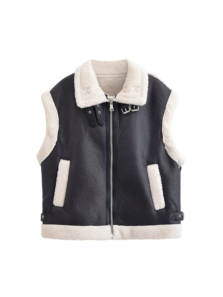 

European style new women's fashion versatile and elegant sleeveless vest with shearling and fleece trim.