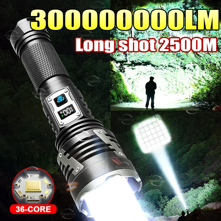 XHP360 High Lumen LED Flashlight 30W Long Range Digital Power Display Reverse Output Torch for Outdoor Patrol Work Inspection