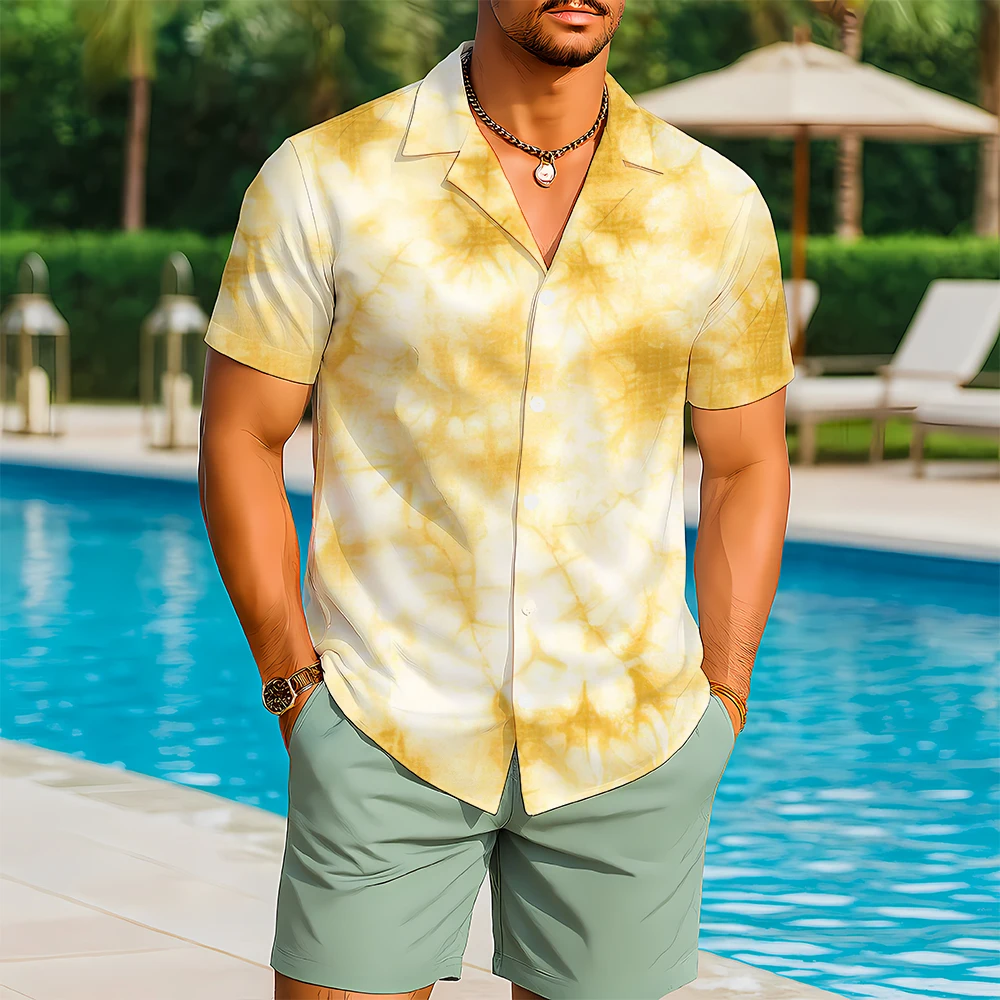 Fashionable Tie-dye Hawaiian Shirt With Retro HD Print Casual Breathable Comfortable Men's Clothing Travel Beach Gift Soft Tops