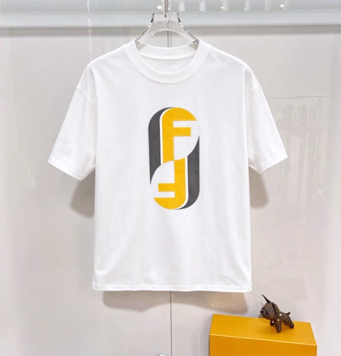 2026 new White crew neck short sleeve tee yellow and grey double spliced letter print simple light luxury casual style unisex