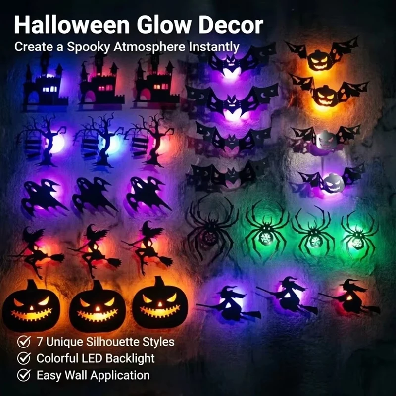 24PCS PVC Halloween Wall Stickers Hollow Cutout Halloween Theme 3D Wall Decals Festive Style 3D Effect Night Light Stickers