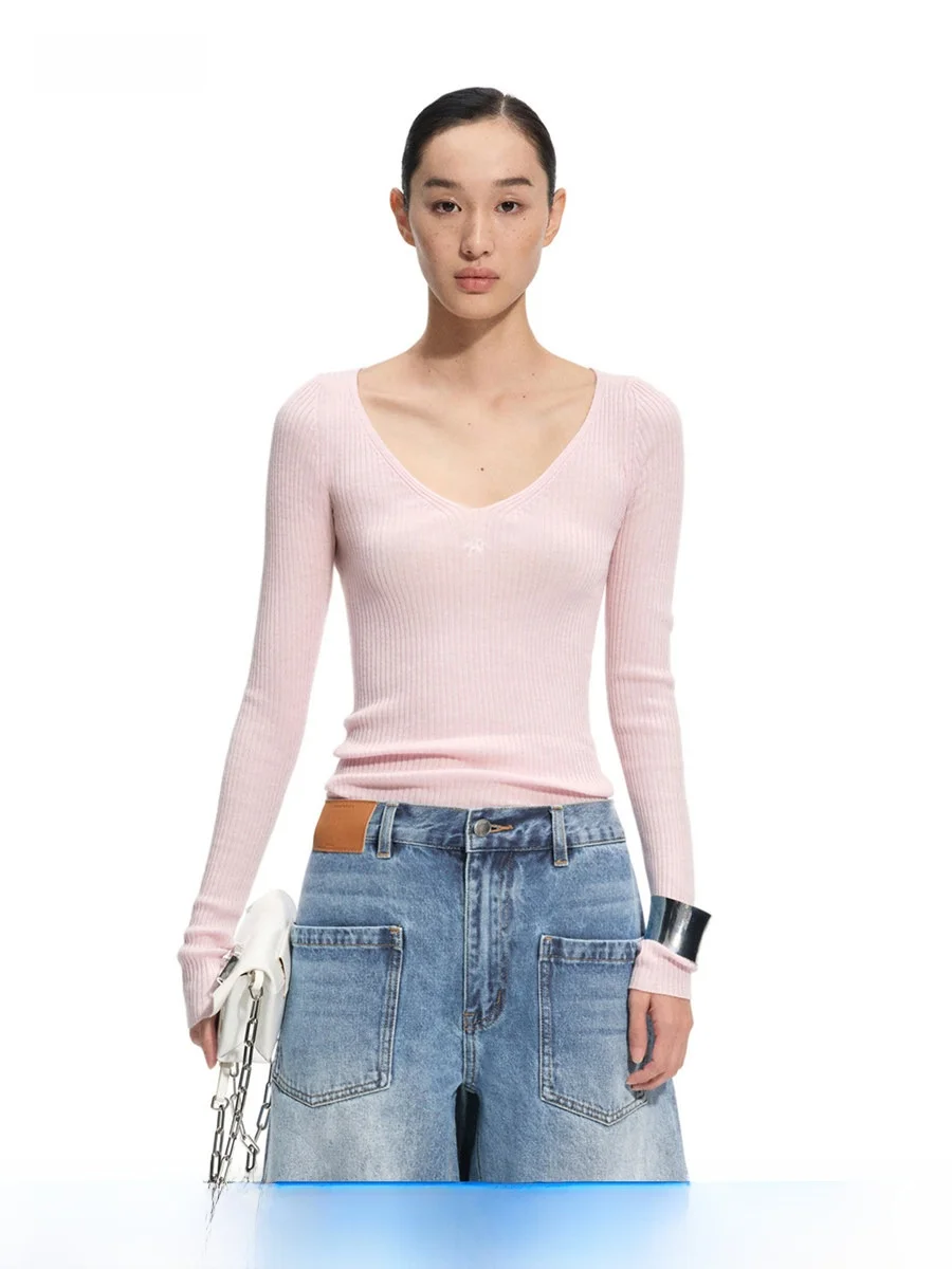 

NAWS Luna Knitted Sweater Silk Luminous Wool V-ne Texture Slim Fit High Elastic Long Sve Top Women's Casual Sle