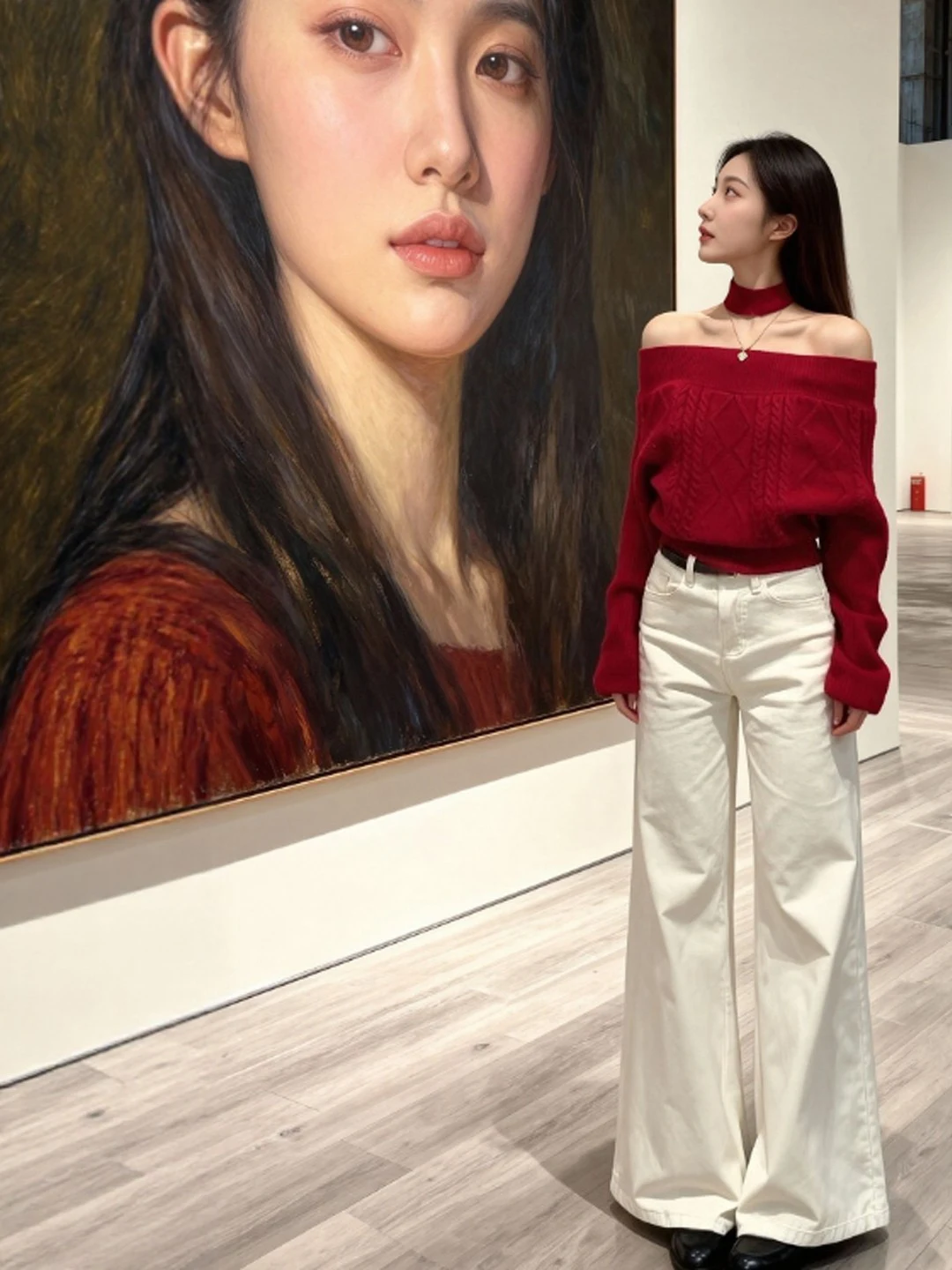 

Retro Gentle Sle One-oulder Sweater Red Color Spring Women's Top Comfortable Long Sve Knitted Warm Casual Faion