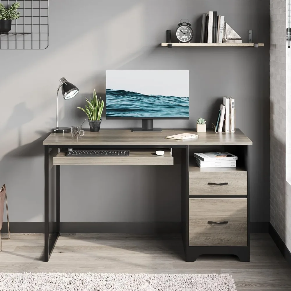 48 inch computer desk with drawers, office desk with storage, industrial wooden desk with file drawers